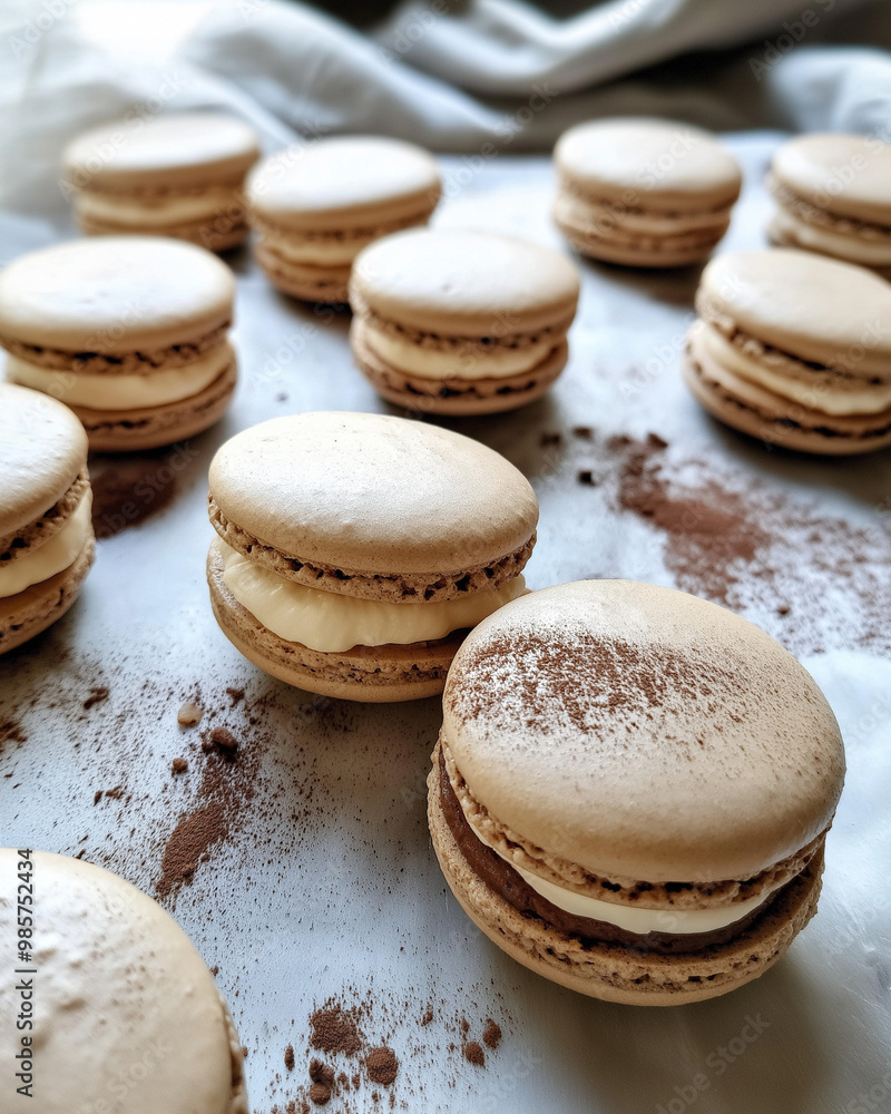 Delicate coffee macarons with cream filling, dusted with cocoa powder, close-up on baking sheet Delicate coffee macarons with cream filling, dusted with cocoa powder, close-up on baking sheet