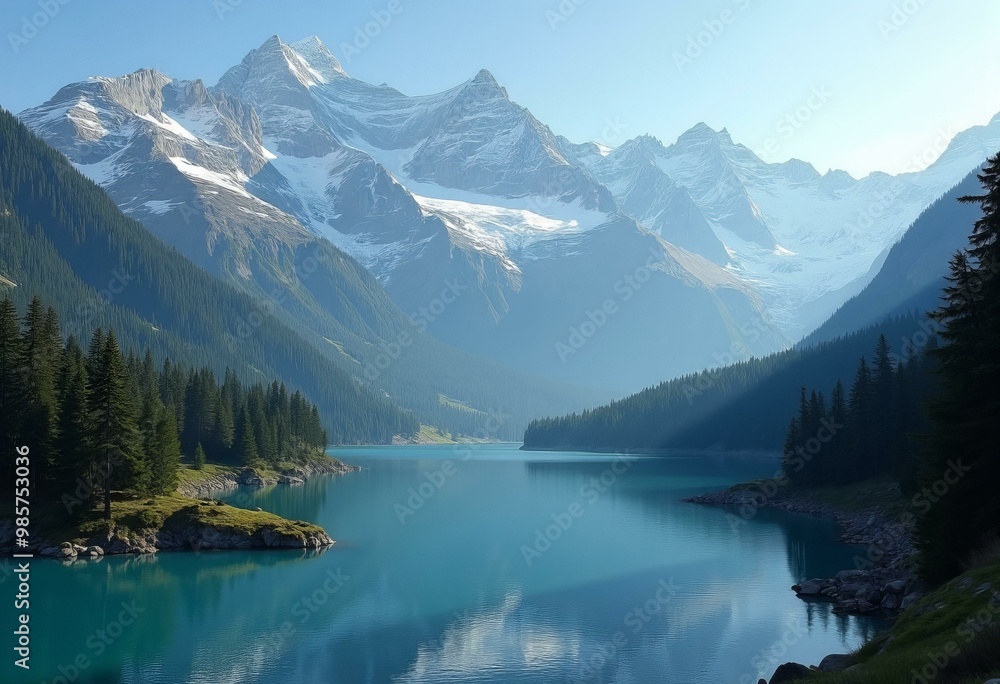 Naklejka premium Lake with Pine Forests and Snow Capped Mountains