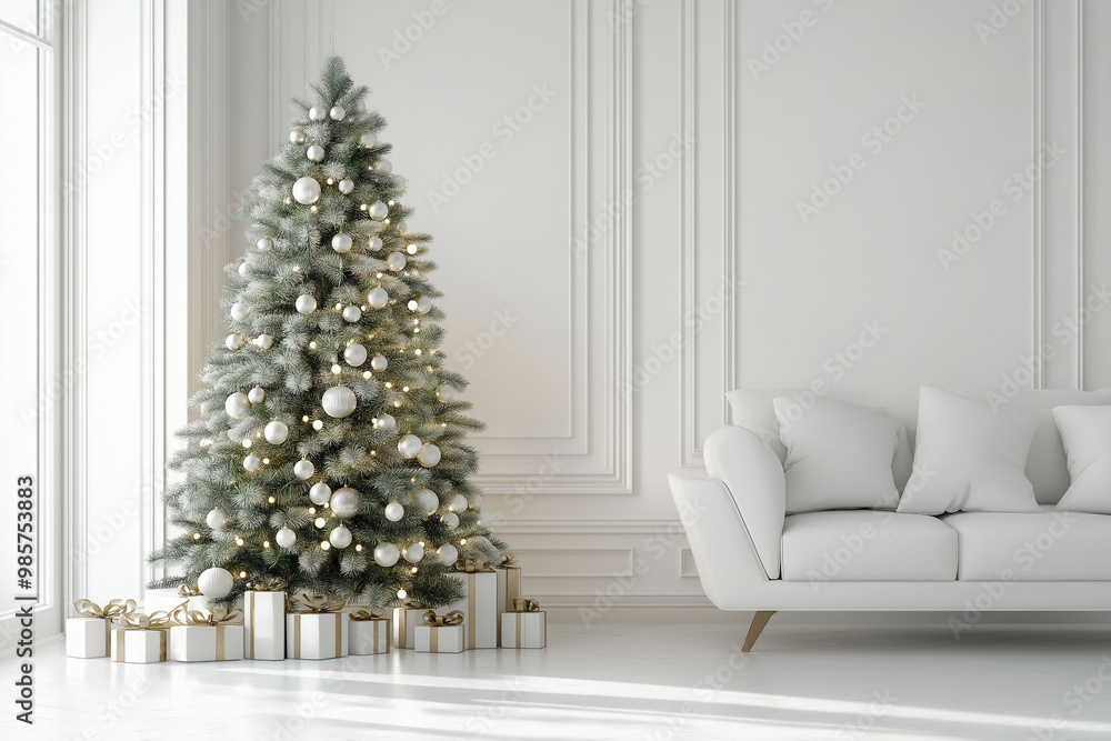 Fototapeta premium Christmas tree, white decorations, presents, modern living room, minimalist interior, holiday decor, copy space concept