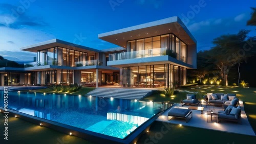 Wallpaper Mural Luxury exterior of modern villa with glass windows, lawn, large infinity pool and designer outdoor furniture Torontodigital.ca