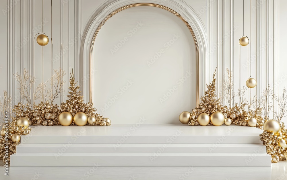 A minimalist festive display featuring gold ornaments and greenery, perfect for holiday events or photo backdrops. A minimalist festive display featuring gold ornaments and greenery, perfect for holiday events or photo backdrops.