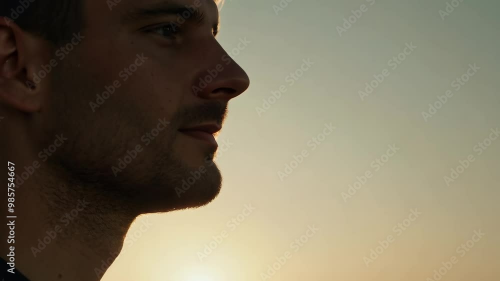 Contemplative side profile of a young man against a tranquil sunset Contemplative side profile of a young man against a tranquil sunset