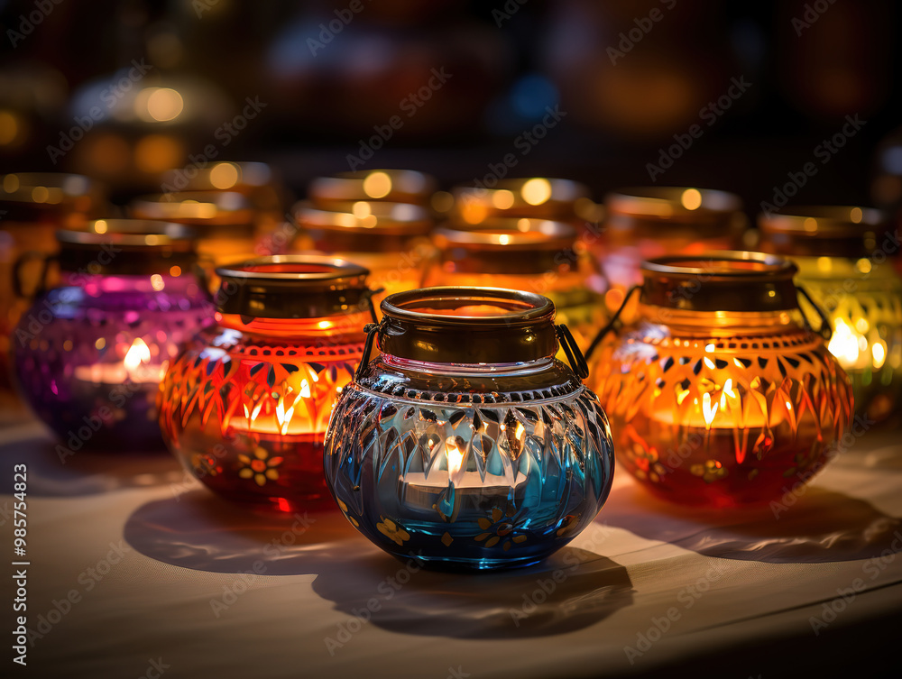 Blue background with lit candles to celebrate diwali. Blue background with lit candles to celebrate diwali.