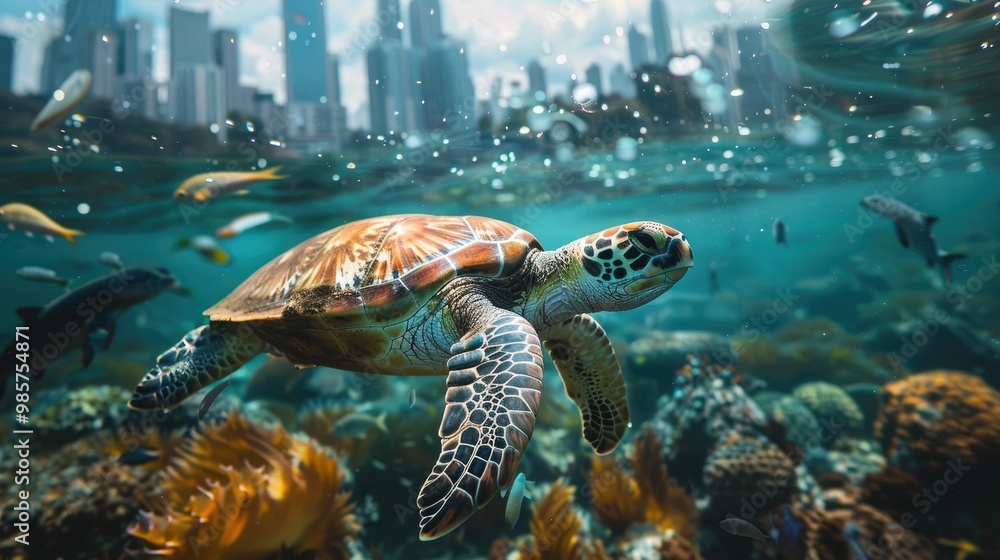 Fototapeta premium Majestic sea turtle gracefully swimming through a vibrant and colorful coral reef ecosystem in the tropical blue ocean showcasing the beauty and wonder of the underwater world