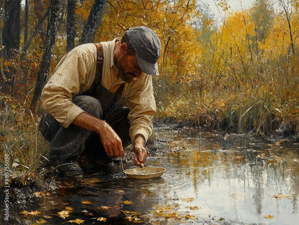 Man Panning for Gold in a Forest Creek - Autumn Landscape Painting Man Panning for Gold in a Forest Creek - Autumn Landscape Painting