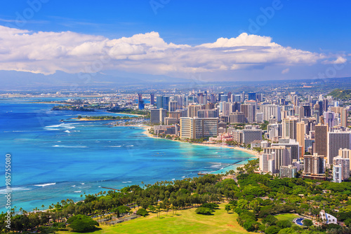 Obraz na płótnie Skyline of Honolulu, Hawaii. Waikiki Beach. w salonie