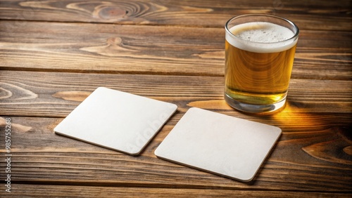 Two blank square beer coasters on a wooden table background
