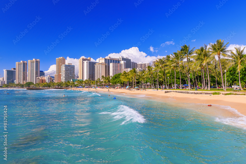 Skyline of Honolulu, Hawaii. Waikiki Beach.