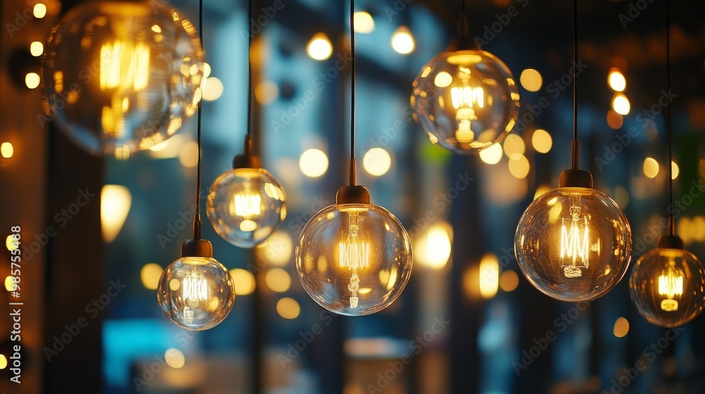 There are numerous spherical LED lights hanging from the ceiling. unique interior lighting scheme. numerous lightbulbs There are numerous spherical LED lights hanging from the ceiling. unique interior lighting scheme. numerous lightbulbs