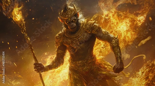 Half-man, half-monkey clad in golden armor wields a magical staff, surrounded by blazing fire and mythological symbols in an ancient realm. photo