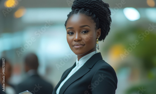 business leadership, a stylish african businesswoman in a power suit leading a diverse team with a tablet, embodying leadership and professionalism photo