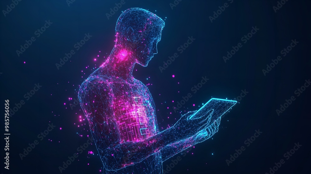 Abstract digital businessman with tablet uses chatbot app. Concept of Artificial Intelligence and technology innovation in the modern business world. Futuristic low poly wireframe Abstract digital businessman with tablet uses chatbot app. Concept of Artificial Intelligence and technology innovation in the modern business world. Futuristic low poly wireframe