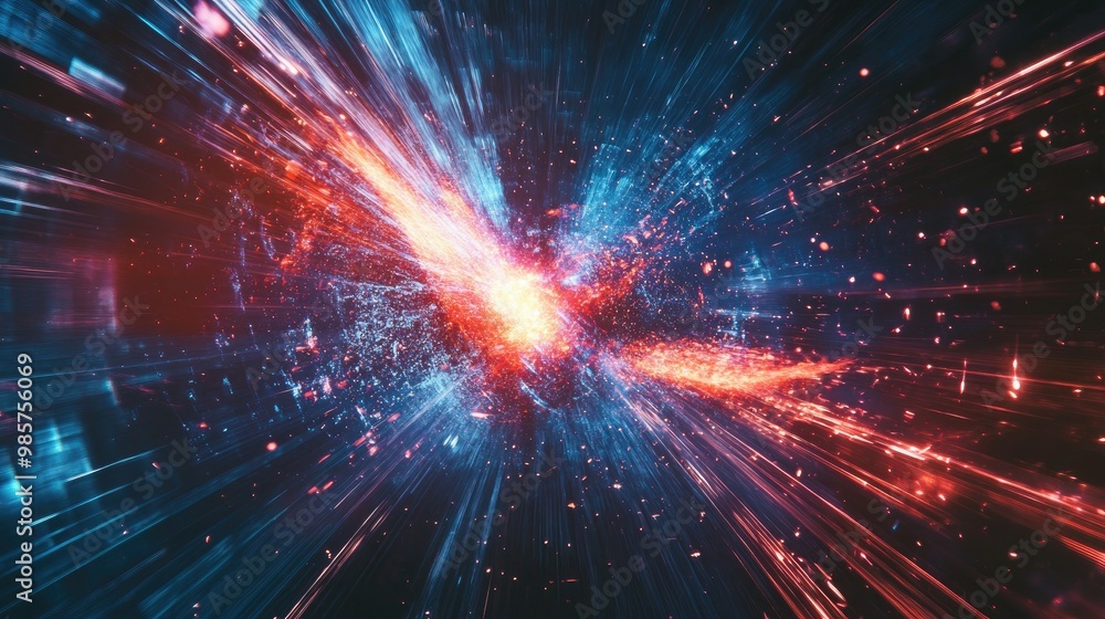 High-speed particles colliding in a particle accelerator, with visible light trails and energy emissions. High-speed particles colliding in a particle accelerator, with visible light trails and energy emissions.