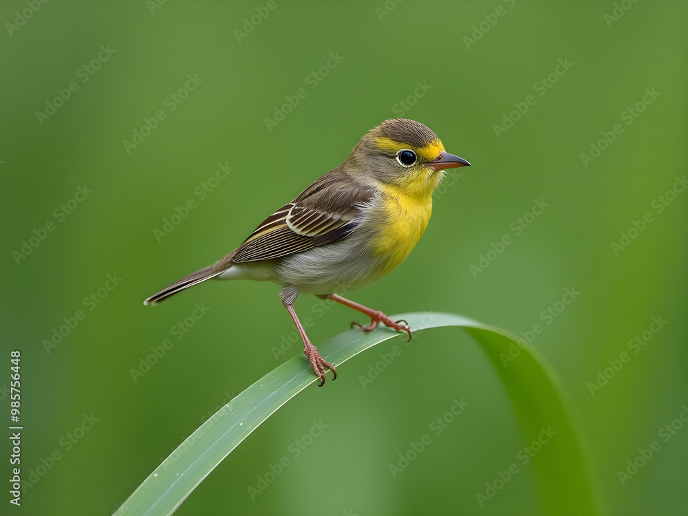 Vibrant Bird Perched on Green Grass Blade with Blurred Lush Greenery Background, Striking Yellow Throat and Underbelly, Expressive Eyes, Tranquil Nature Scene, Wildlife Graceful Composition