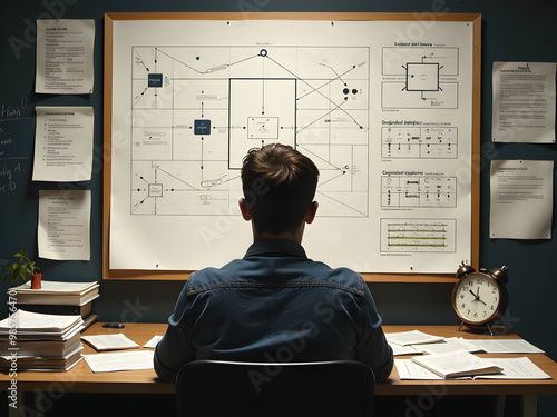 Focused Individual Analyzing Detailed Diagram at Cluttered Desk, Engaged in Problem-Solving, Surrounded by Stacks of Research Papers and Nostalgic Vintage Clock, Thoughtful Workspace Atmosphere