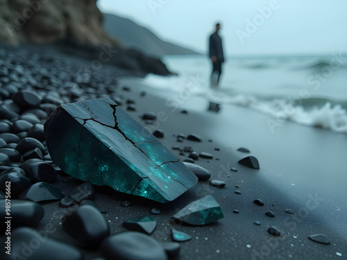 Serene Moody Beach Landscape with Dramatic Interplay of Elements: Striking Large Emerald and Teal Crystal Fragment against Dark Volcanic Rocks and Smooth Black Sandy Beach - Nature' Geological photo