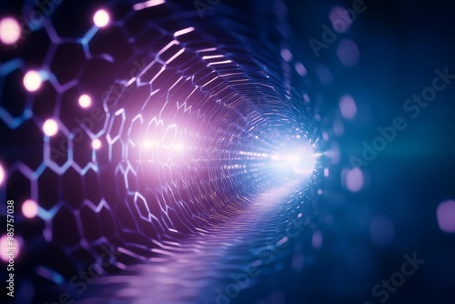 Futuristic hexagon tunnel with glowing lights, abstract technology background photo