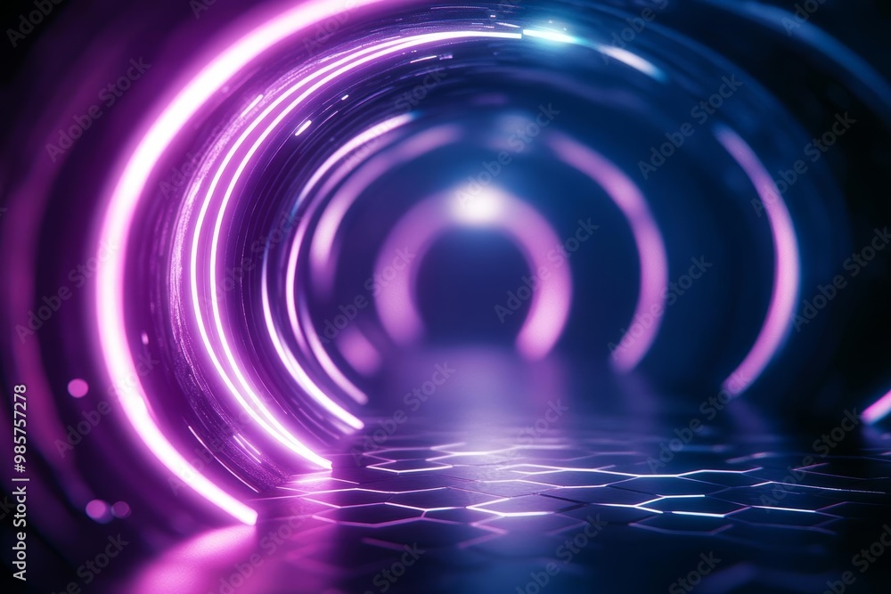 Futuristic neon-lit tunnel with circular design and honeycomb-patterned floor. Futuristic neon-lit tunnel with circular design and honeycomb-patterned floor.