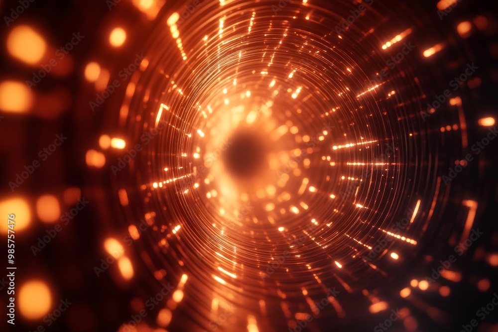 Obraz premium Futuristic tunnel with glowing orange lights, abstract digital background