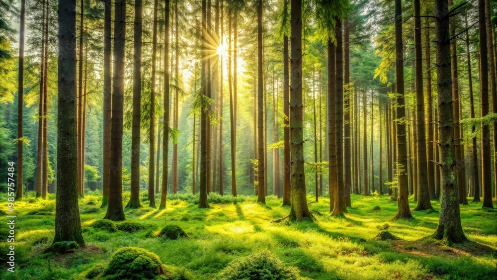 Fototapeta premium Serene forest scene with tall trees and lush greenery