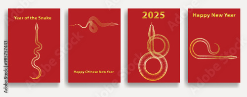 Templates with Chinese new year 2025 zodiac snake symbol .Banner template with golden snakes .Traditional design .2025 Year of the snake.  Lunar new year 2025 . Vector illustration