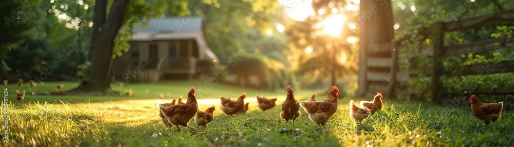 A sunny countryside with chickens roaming freely on green pastures, representing organic and sustainable farming. Free copy space for text.