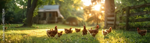 Obraz na płótnie A sunny countryside with chickens roaming freely on green pastures, representing organic and sustainable farming. Free copy space for text. w salonie