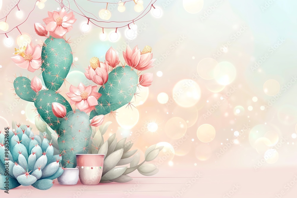 A vibrant cactus arrangement adorned with soft flowers, creating a whimsical atmosphere perfect for seasonal decor. A vibrant cactus arrangement adorned with soft flowers, creating a whimsical atmosphere perfect for seasonal decor.