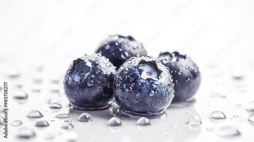 Freshly washed blueberries covered with water droplets on white background Freshly washed blueberries covered with water droplets on white background
