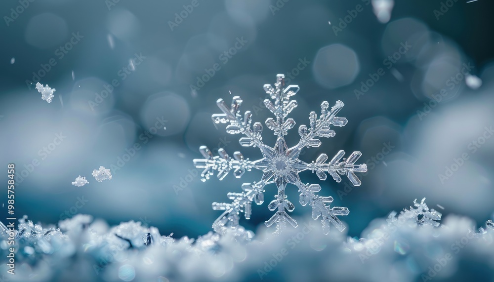 A Detailed Close-Up of a Delicate Snowflake on a Blurry Blue Background A Detailed Close-Up of a Delicate Snowflake on a Blurry Blue Background