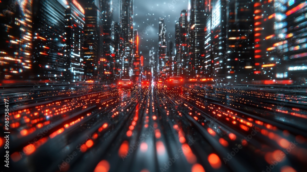 At night, a stunning futuristic city with illuminated skyscrapers and dynamic digital light trails racing through the streets brings a vivid sci-fi ambiance to life. At night, a stunning futuristic city with illuminated skyscrapers and dynamic digital light trails racing through the streets brings a vivid sci-fi ambiance to life.