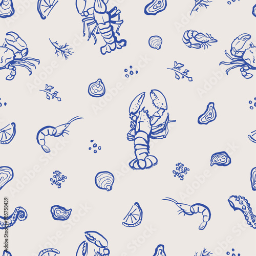 Sea food seamless pattern. Lobster, crab, shrimp and squid hand drawn illustration. Design for branding, restaurant and menu. Ocean and sea delicacy.