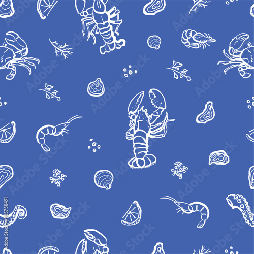 Sea food seamless pattern. Lobster, crab, shrimp and squid hand drawn illustration. Design for branding, restaurant and menu. Ocean and sea delicacy on blue background.