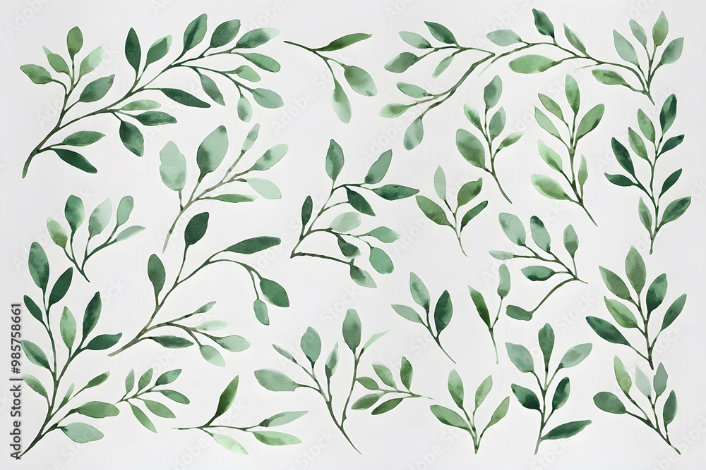 Naklejka premium Watercolor green leaves and branches, lush canopy, vibrant against white