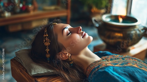 Alternative therapeutic therapy: Ayurvedic massage therapy.In an Indian salon, a stunning Caucasian woman lies on a wooden table undergoing shirodhara treatment.
 photo