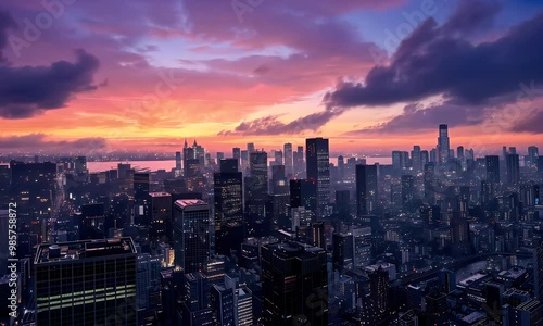 Wallpaper Mural Stunning Aerial View of a City Skyline at Sunset with Dramatic Clouds and a Glow of Light from the Buildings Below Torontodigital.ca