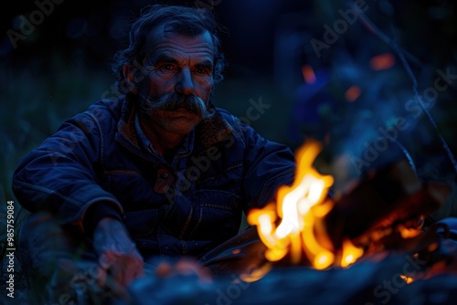 Thoughtful Man with Mustache Sitting by Campfire at Night in Quiet Outdoor Setting