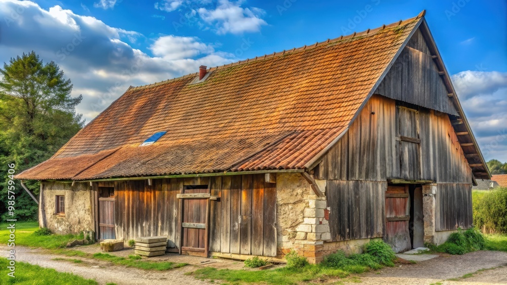 Eternit roof on old central European farm building with weathered materials Eternit roof on old central European farm building with weathered materials