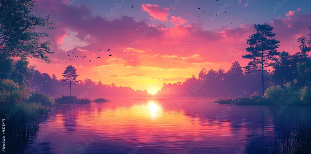 A picturesque sunset over a tranquil lake with a silhouette of trees in the foreground and a glowing horizon. A picturesque sunset over a tranquil lake with a silhouette of trees in the foreground and a glowing horizon.