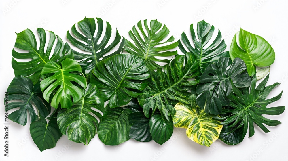 Collection of green tropical leaves with different textures on white background. Collection of green tropical leaves with different textures on white background.