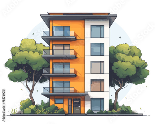 Vector illustration of a modern apartment building on a background of green trees