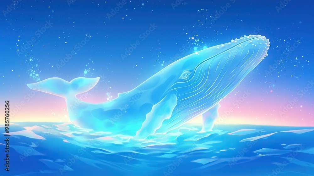 Fototapeta premium Enchanted frozen whale breaching through a glowing icy sea