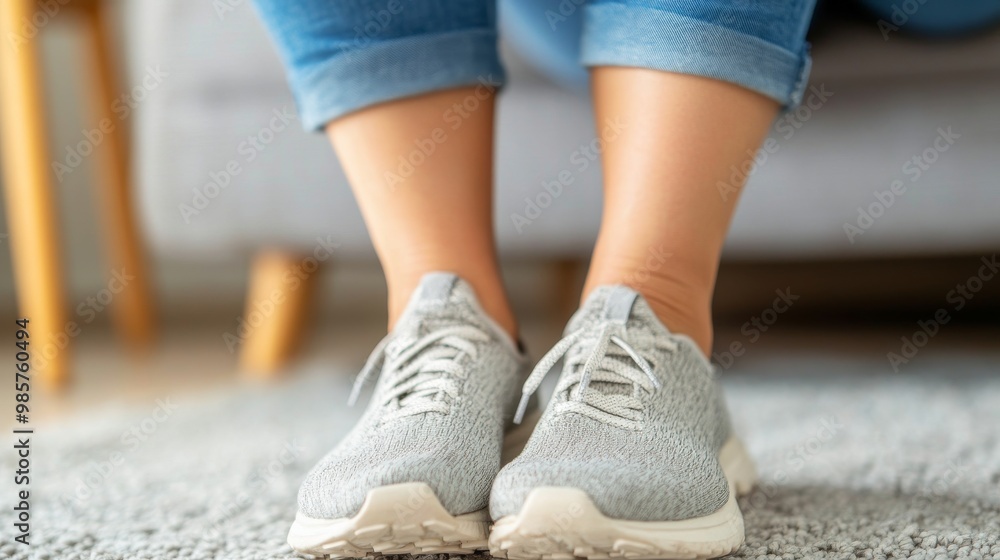 Ready for the Run: Close-up shot of a woman's feet in comfortable gray sneakers, showcasing the casual and sporty footwear for active lifestyles. Ready for the Run: Close-up shot of a woman's feet in comfortable gray sneakers, showcasing the casual and sporty footwear for active lifestyles.