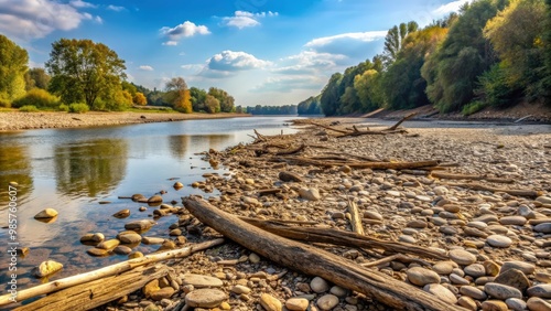 Dried out riverbed in North Rhine-Westphalia, Germany with wooden flotsam photo