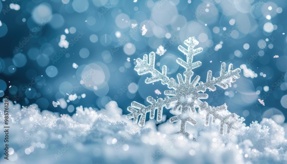 A Large, Glittering Snowflake Resting on Snow with a Blue Bokeh Background A Large, Glittering Snowflake Resting on Snow with a Blue Bokeh Background