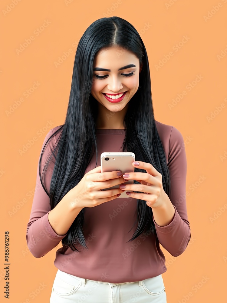 Happy images, Smiling young Woman Engaged with Smartphone, Young woman holding a mobile phone Happy images, Smiling young Woman Engaged with Smartphone, Young woman holding a mobile phone