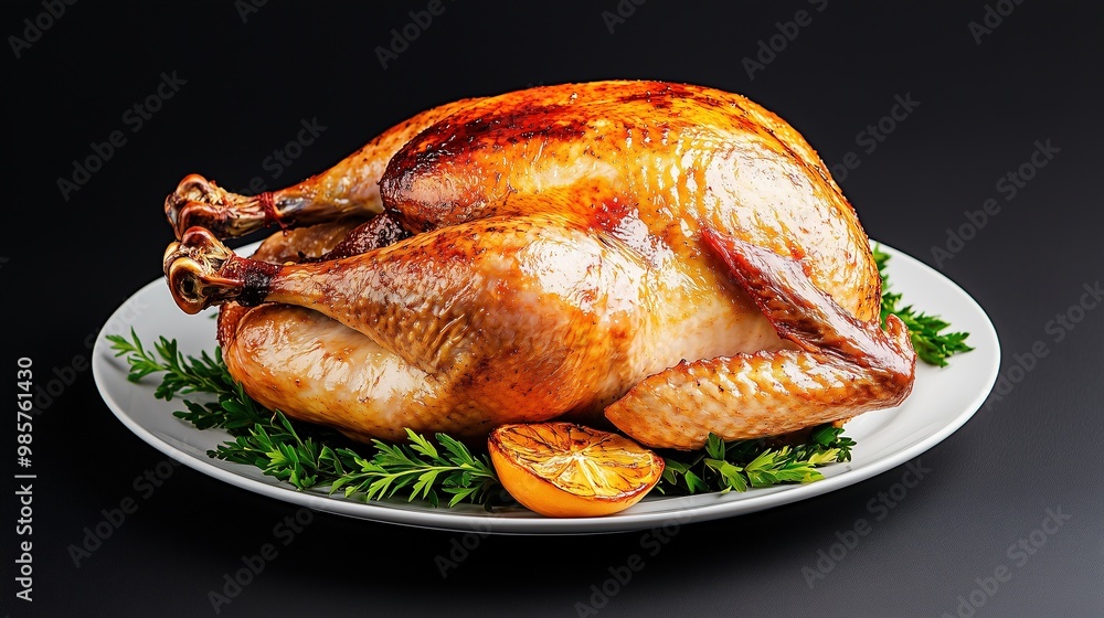 Roast thanksgiving turkey with herbs on a white plate on a black background. Roast thanksgiving turkey with herbs on a white plate on a black background.