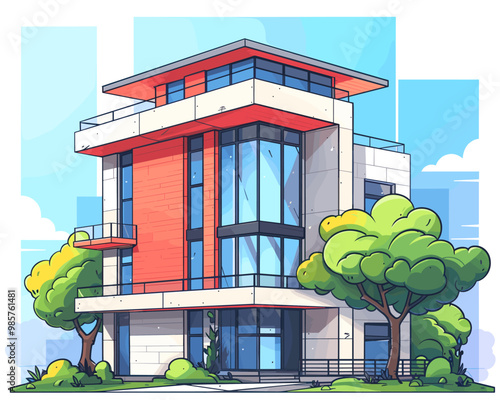 Vector illustration of a modern apartment building on a background of green trees