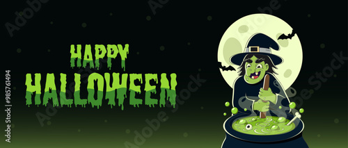 Scary witch with a cauldron in the background moon with bats in cartoon style. Background for Halloween and scary party. Banner, poster. Vector illustration