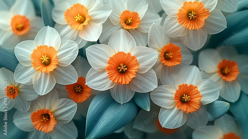 A close-up view of a cluster of white and orange daffodils with green leaves. A close-up view of a cluster of white and orange daffodils with green leaves.